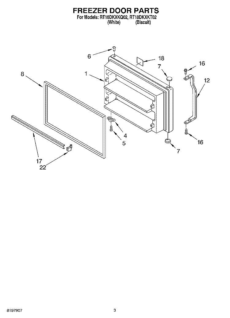 FREEZER DOOR Diagram and Parts List for RT18DKXKT02  Roper Refrigerator