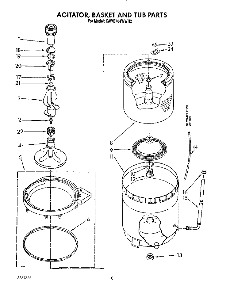 AGITATOR, BASKET AND TUB Diagram and Parts List for KAWE764WAL2  KitchenAid Washer
