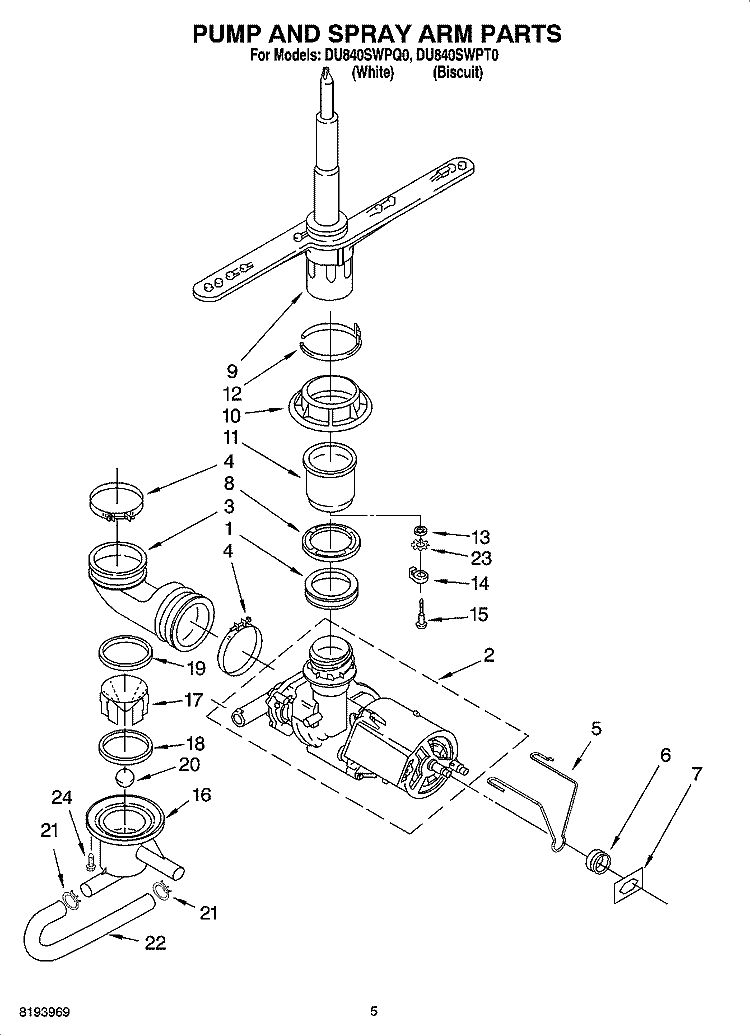 PUMP AND SPRAY ARM PARTS Diagram and Parts List for DU840SWPQ0  Whirlpool Dishwasher
