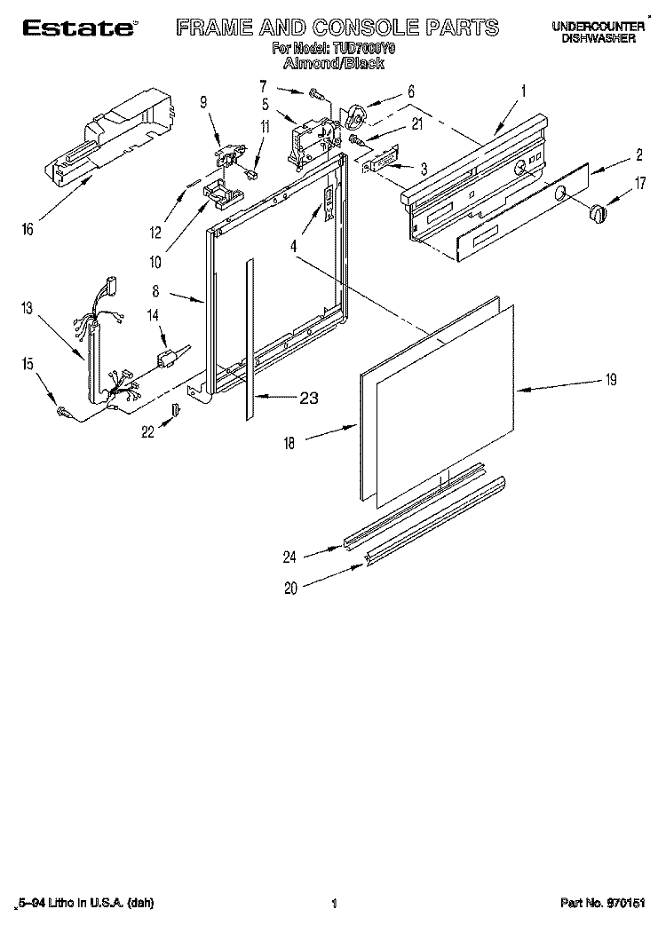 FRAME AND CONSOLE Diagram and Parts List for TUD7000Y0  Whirlpool Dishwasher