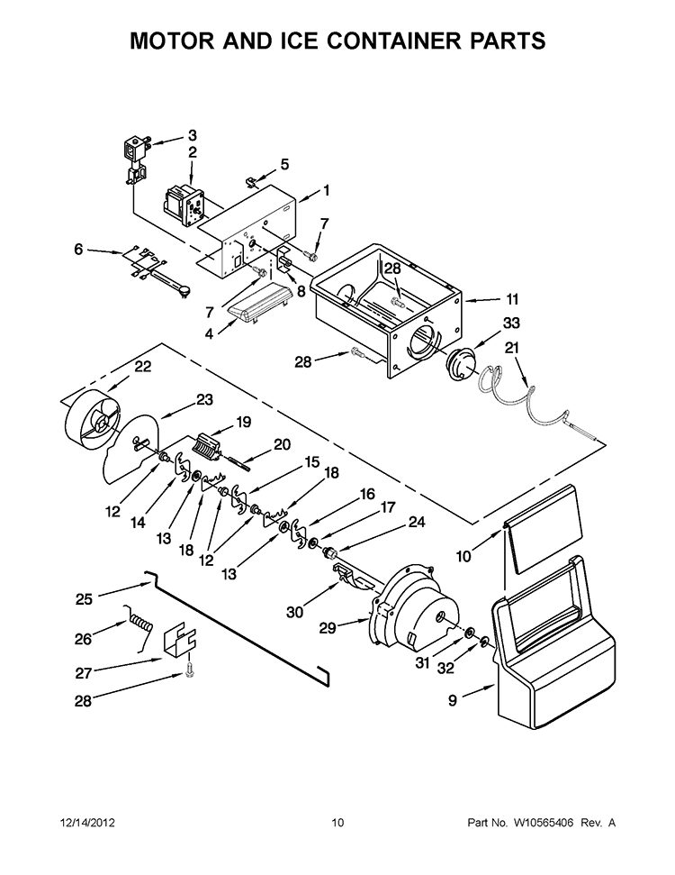 MOTOR AND ICE CONTAINER PARTS Diagram and Parts List for ISF25D2XBM00  Whirlpool Refrigerator