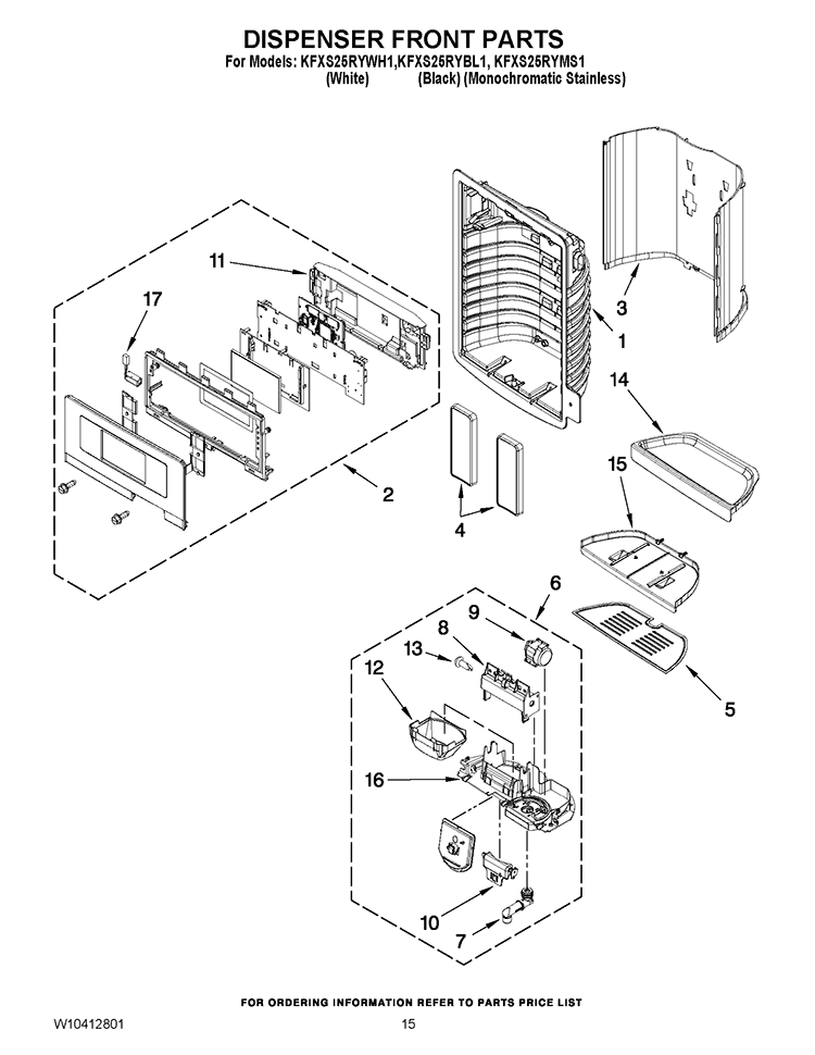 DISPENSER FRONT PARTS Diagram and Parts List for KFXS25RYMS1  KitchenAid Refrigerator