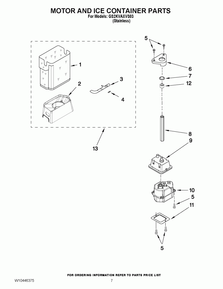 MOTOR AND ICE CONTAINER PARTS Diagram and Parts List for GS2KVAXVS03  Whirlpool Refrigerator