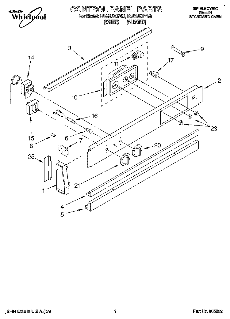 CONTROL PANEL Diagram and Parts List for RS6105XYN6  Whirlpool Range