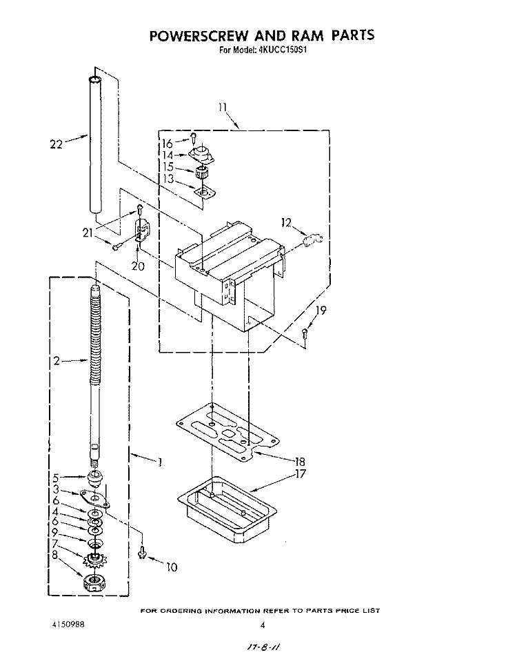 POWER SCREW AND RAM Diagram and Parts List for 4KUCC150S1  KitchenAid Trash Compactor