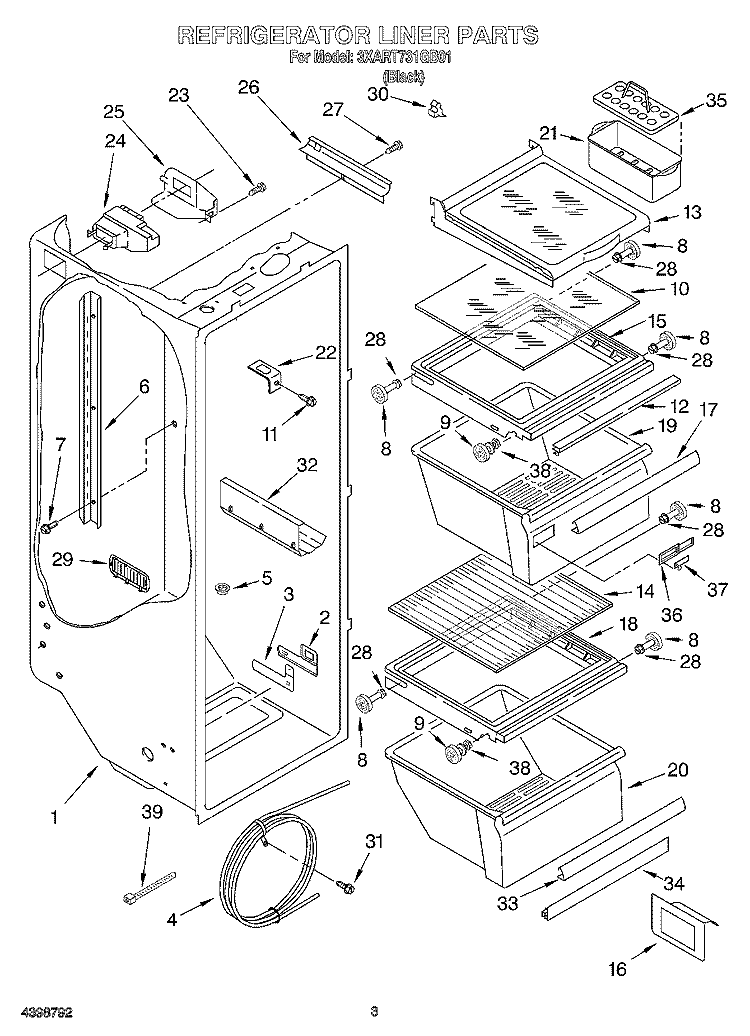 REFRIGERATOR LINER Diagram and Parts List for 3XART731GB01  Whirlpool Refrigerator