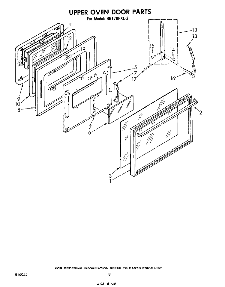 UPPER OVEN DOOR Diagram and Parts List for RB170PXL3  Whirlpool Wall Oven