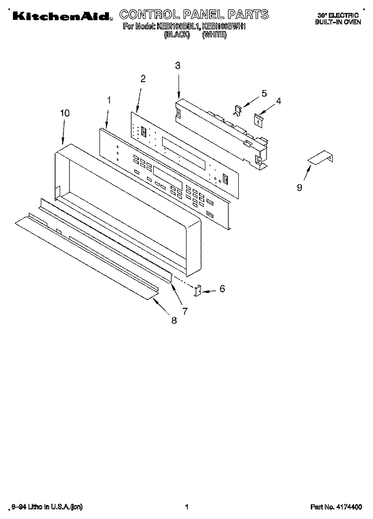 CONTROL PANEL Diagram and Parts List for KEBI100BBL1  KitchenAid Wall Oven