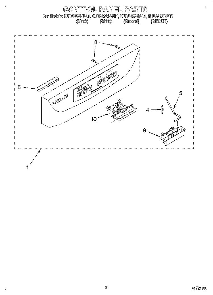 CONTROL PANEL Diagram and Parts List for KUDS25SHBT1  KitchenAid Dishwasher