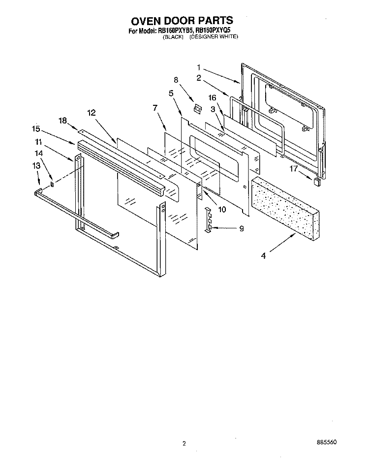 OVEN DOOR Diagram and Parts List for RB160PXYQ5  Whirlpool Wall Oven