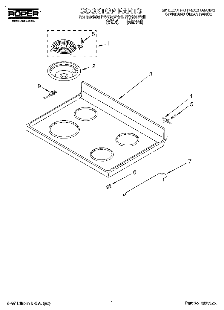 COOKTOP Diagram and Parts List for FEP320EW1  Roper Range
