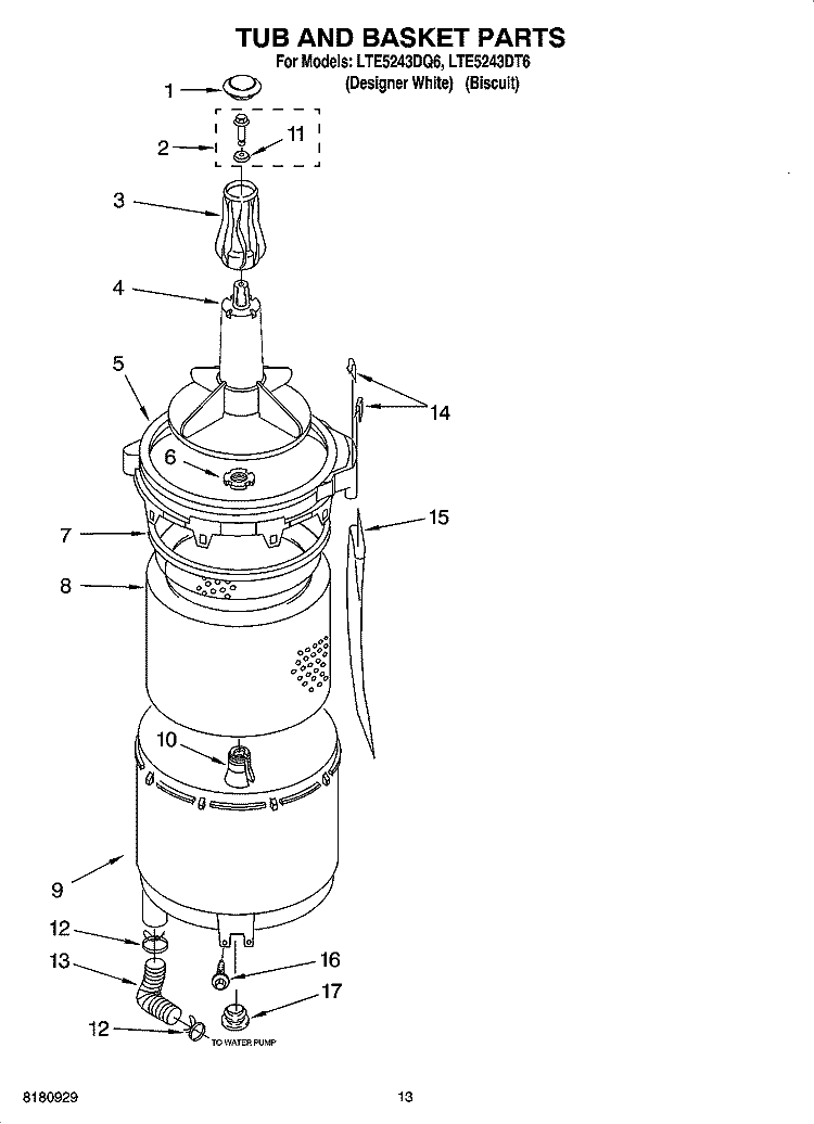 TUB AND BASKET PARTS Diagram and Parts List for LTE5243DQ6  Whirlpool Washer Dryer Combo