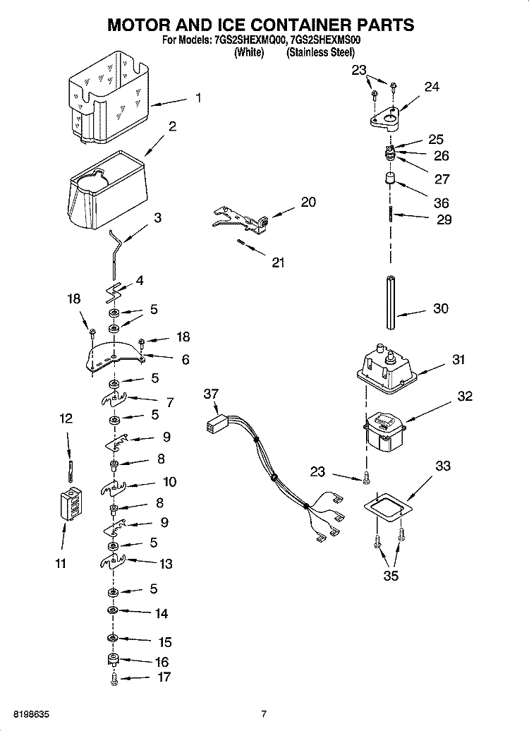 MOTOR AND ICE CONTAINER PARTS Diagram and Parts List for 7GS2SHEXMS00  Whirlpool Refrigerator