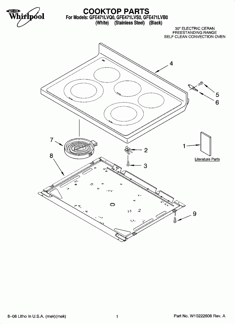 COOKTOP PARTS Diagram and Parts List for GFE471LVS0  Whirlpool Range