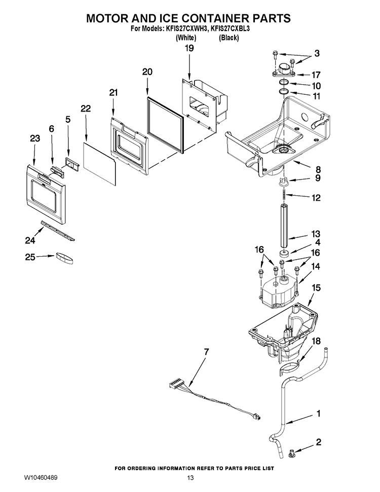 MOTOR AND ICE CONTAINER PARTS Diagram and Parts List for KFIS27CXBL3  KitchenAid Refrigerator