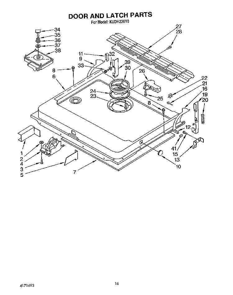 DOOR AND LATCH Diagram and Parts List for KUDH230Y0  KitchenAid Dishwasher