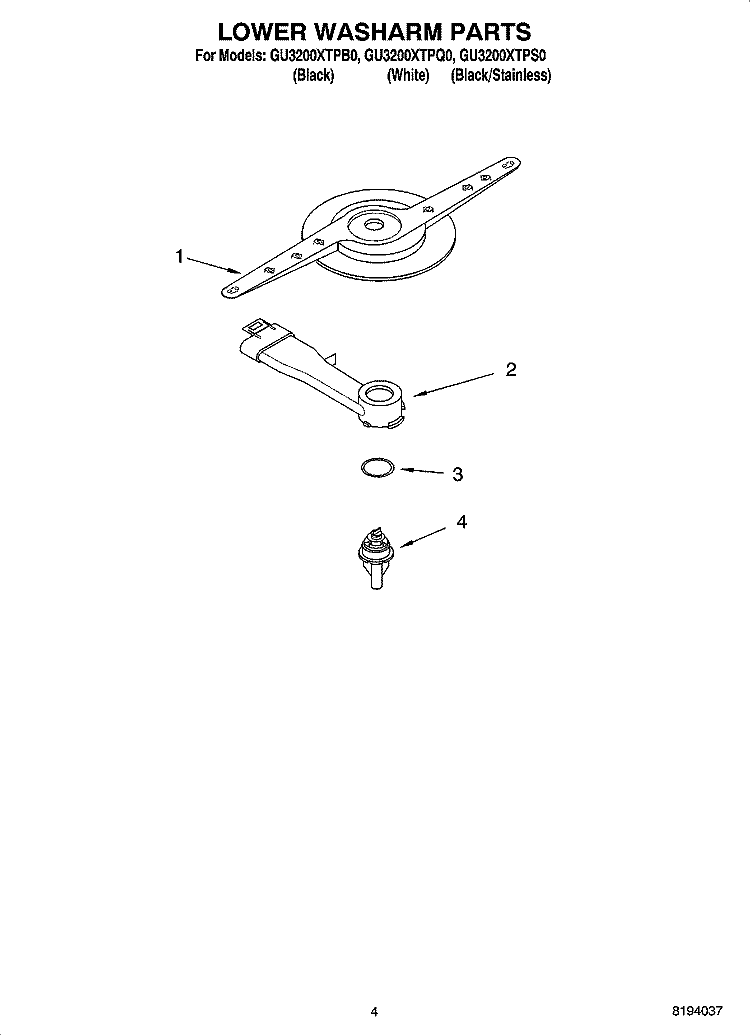 LOWER WASHARM PARTS Diagram and Parts List for GU3200XTPB0  Whirlpool Dishwasher