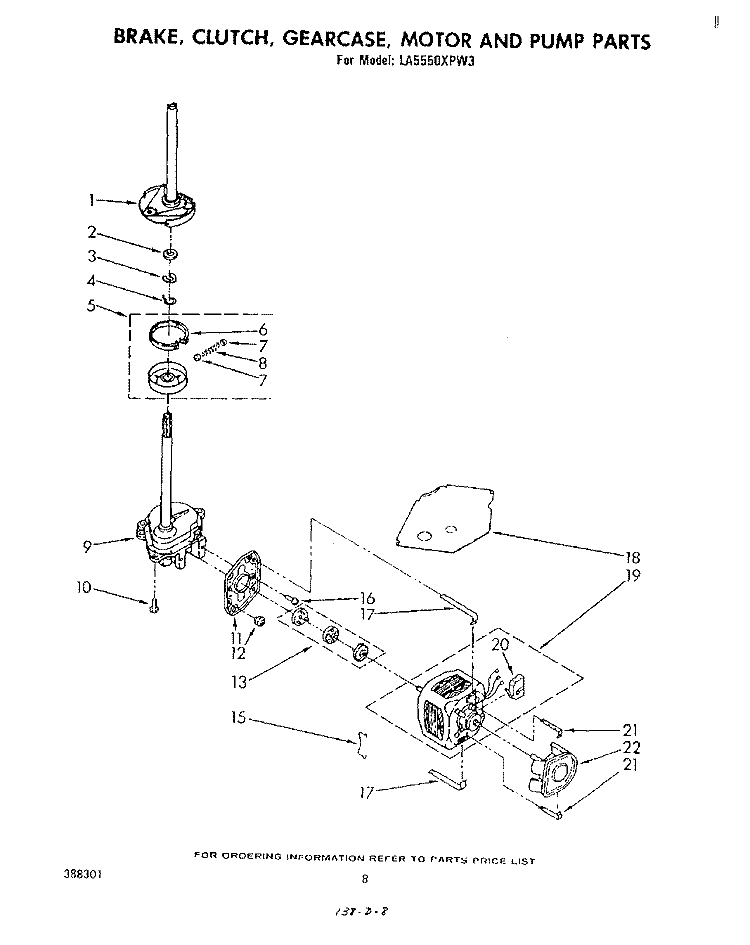 BRAKE, CLUTCH, GEARCASE, MOTOR AND PUMP Diagram and Parts List for LA5550XPW3  Whirlpool Washer