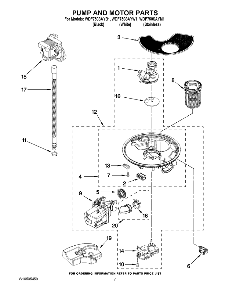PUMP AND MOTOR PARTS Diagram and Parts List for WDF750SAYW1  Whirlpool Dishwasher