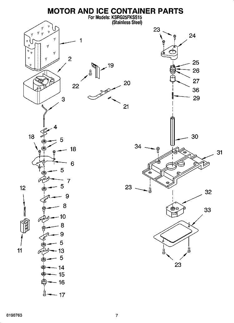 MOTOR AND ICE CONTAINER PARTS Diagram and Parts List for KSRG25FKSS15  KitchenAid Refrigerator