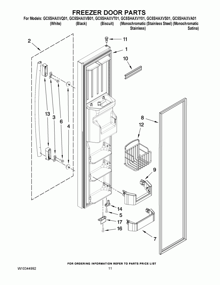 FREEZER DOOR PARTS Diagram and Parts List for GC5SHAXVY01  Whirlpool Refrigerator