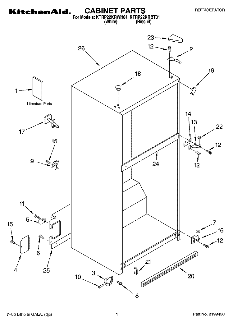 CABINET PARTS Diagram and Parts List for KTRP22KRBT01  Whirlpool Refrigerator