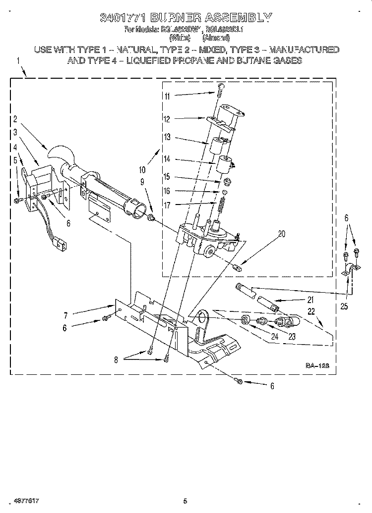 3401771 BURNER ASSEMBLY Diagram and Parts List for RGL4622DL1  Roper Dryer