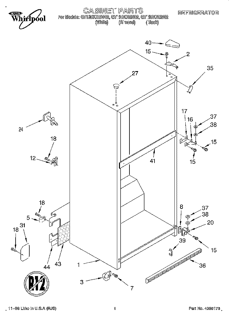 CABINET Diagram and Parts List for GT19DKXGN02  Whirlpool Refrigerator