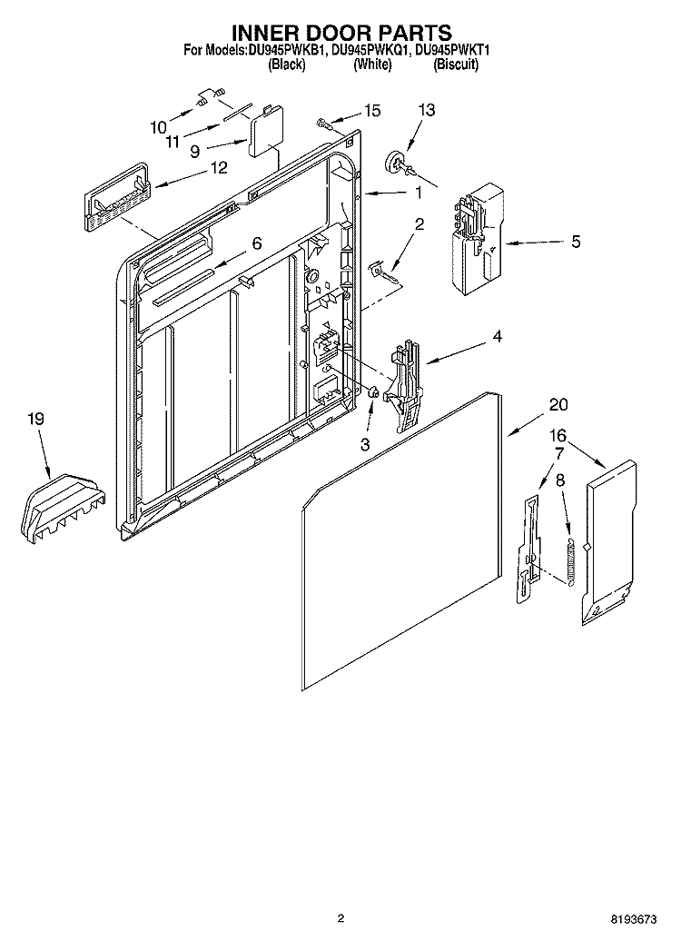 INNER DOOR Diagram and Parts List for DU945PWKT1  Whirlpool Dishwasher
