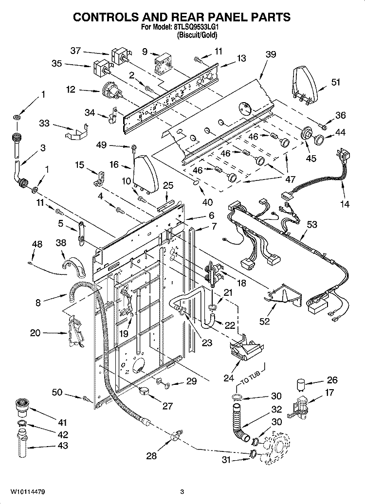 CONTROLS AND REAR PANEL PARTS Diagram and Parts List for 8TLSQ9533LG1  Whirlpool Washer