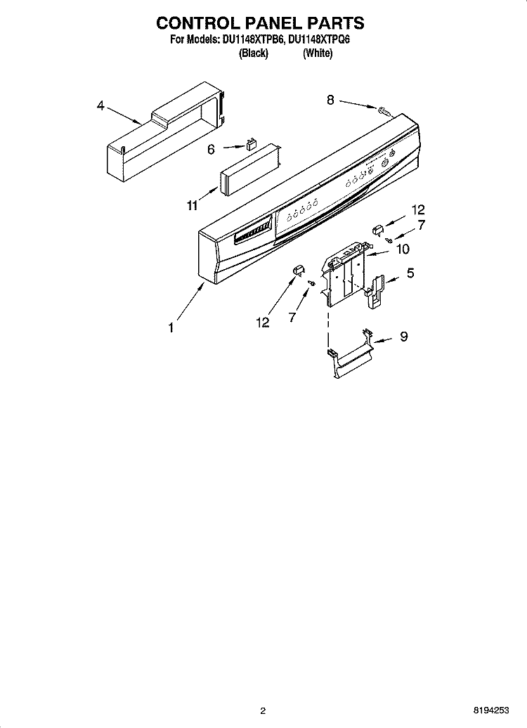 CONTROL PANEL PARTS Diagram and Parts List for DU1148XTPQ6  Whirlpool Dishwasher