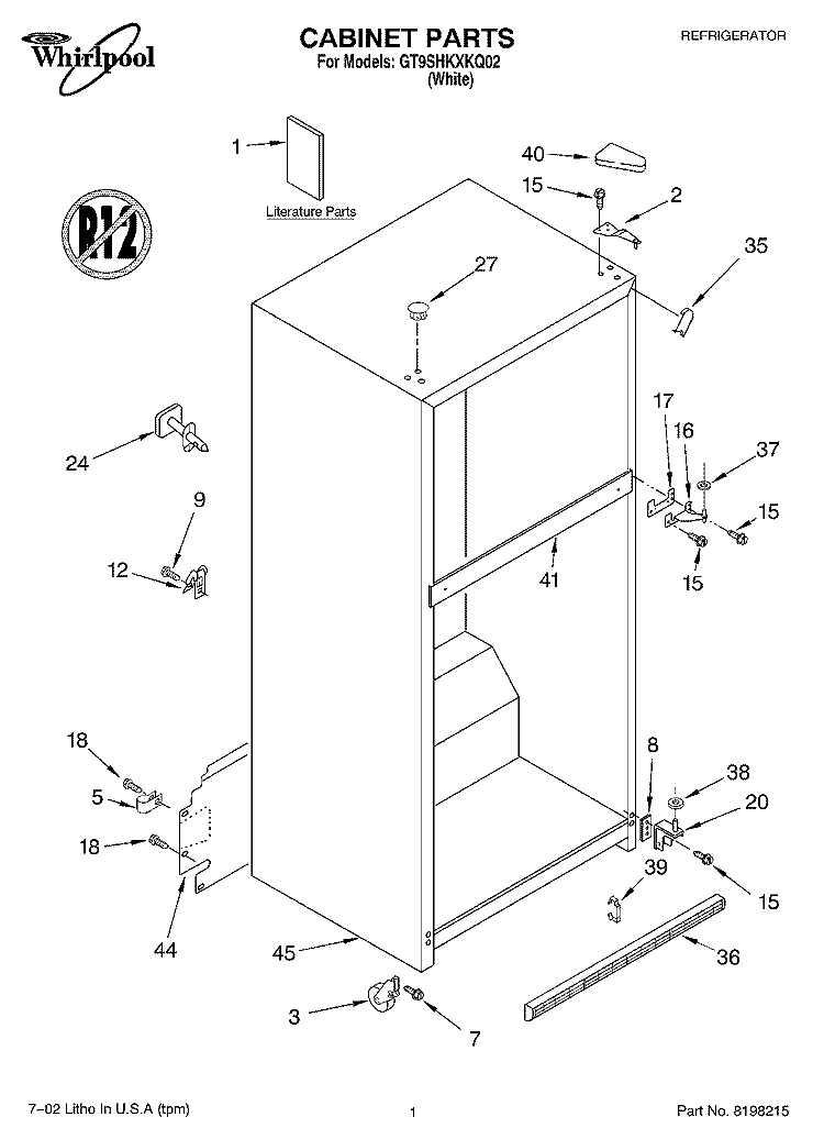 CABINET, LITERATURE Diagram and Parts List for GT9SHKXKQ02  Whirlpool Refrigerator