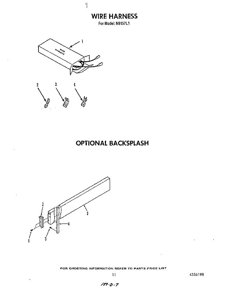 BACKSPLASH , WIRE HARNESS Diagram and Parts List for N9157L1  Roper Range