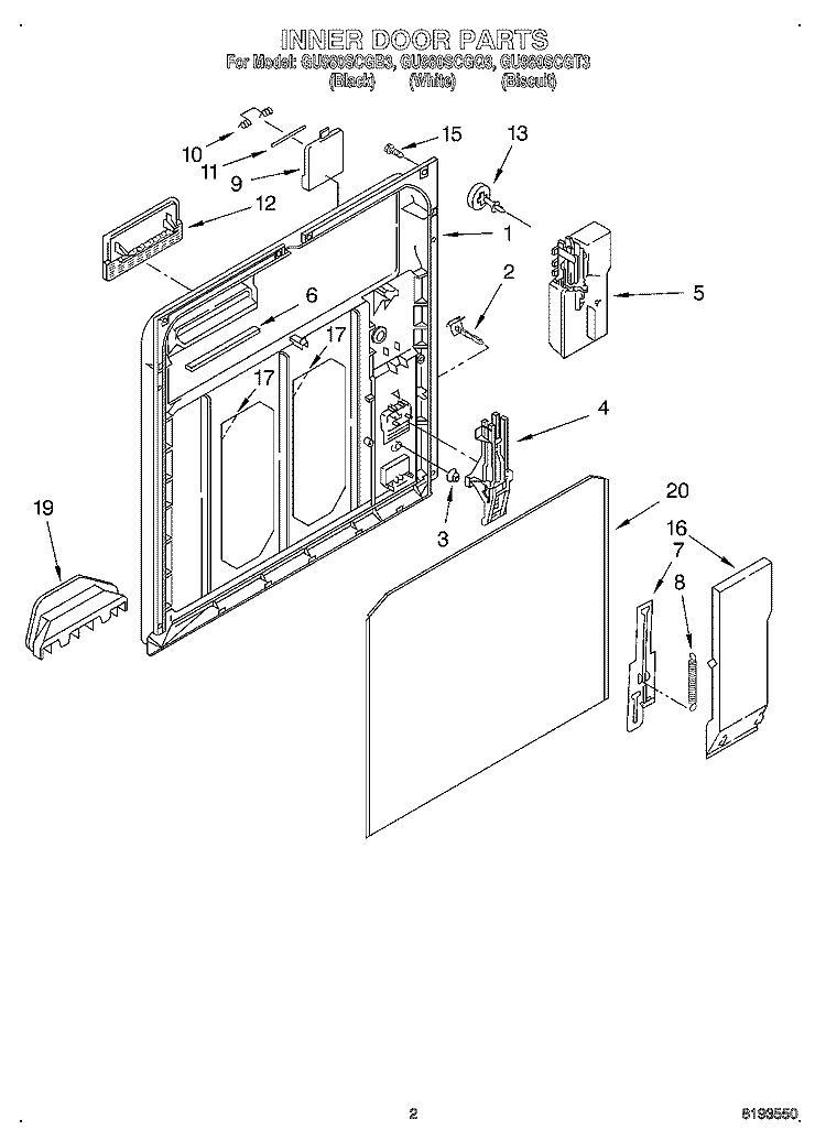 INNER DOOR Diagram and Parts List for GU980SCGQ3  Whirlpool Dishwasher