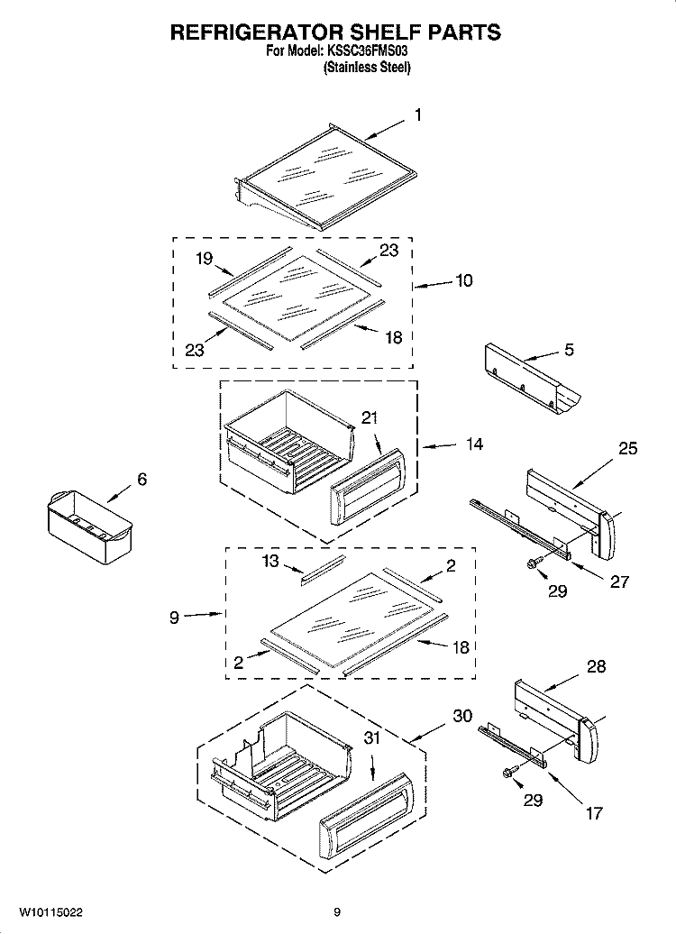 REFRIGERATOR SHELF PARTS Diagram and Parts List for KSSC36FMS03  KitchenAid Refrigerator