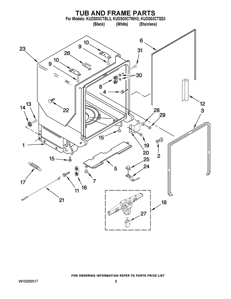 TUB AND FRAME PARTS Diagram and Parts List for KUDS03CTSS3  KitchenAid Dishwasher