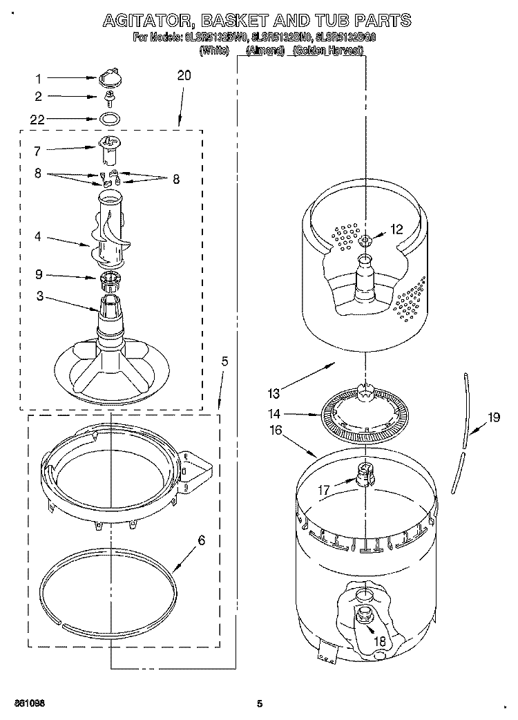 AGITATOR, BASKET AND TUB Diagram and Parts List for 8LSR5132BG0  Whirlpool Washer