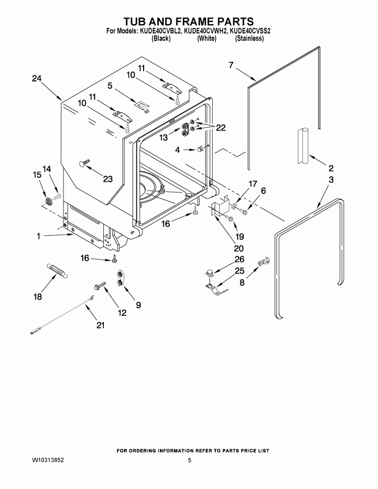 TUB AND FRAME PARTS Diagram and Parts List for KUDE40CVSS2  KitchenAid Dishwasher