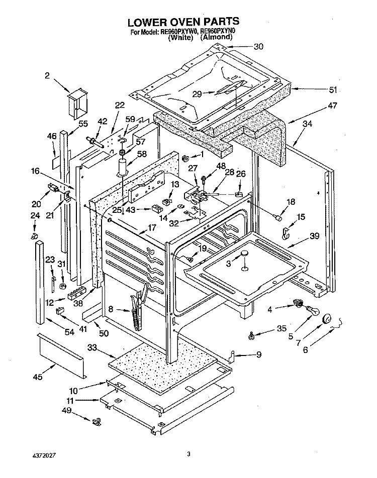 LOWER OVEN Diagram and Parts List for RE960PXYN0  Whirlpool Microwave Oven Combo