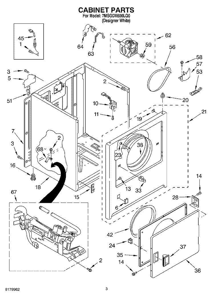 CABINET PARTS Diagram and Parts List for 7MSGDX600LQ0  Whirlpool Dryer