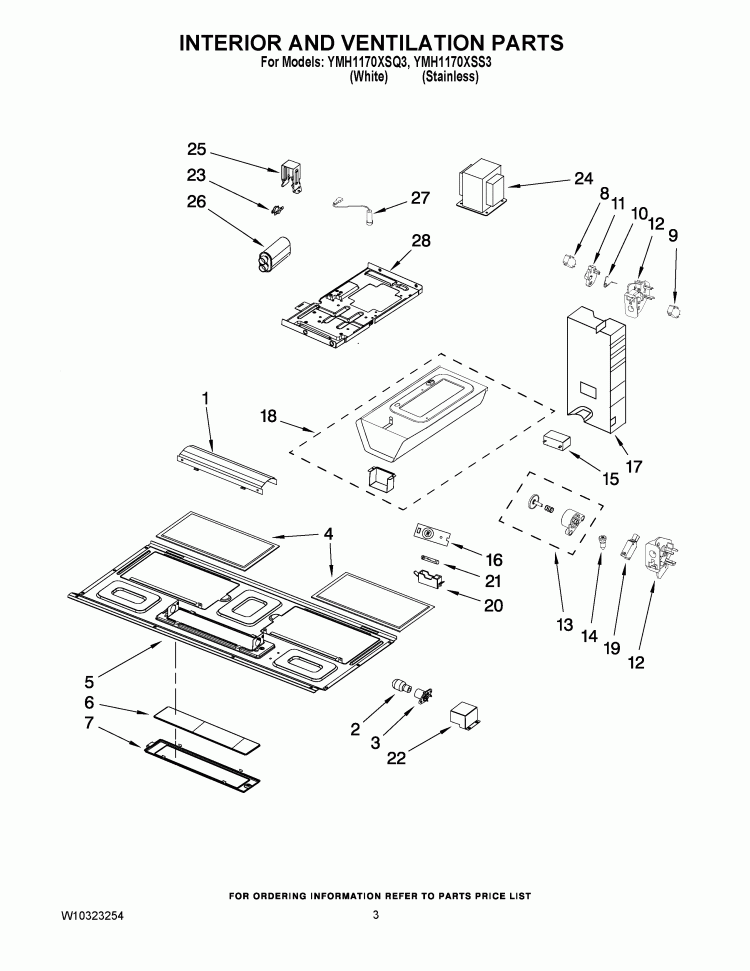 INTERIOR AND VENTILATION PARTS Diagram and Parts List for YMH1170XSQ3  Whirlpool Microwave