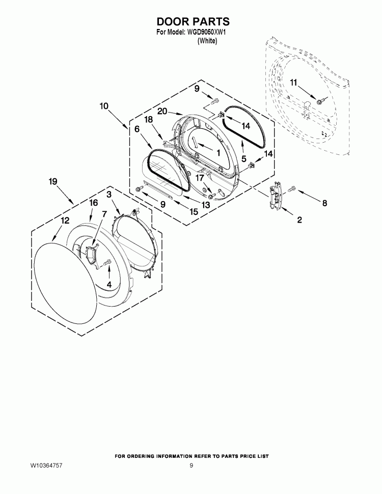 DOOR PARTS Diagram and Parts List for WGD9050XW1  Whirlpool Dryer