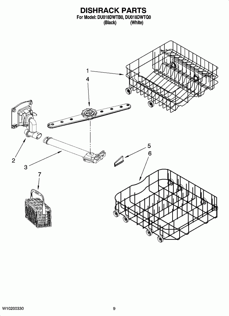DISHRACK PARTS, OPTIONAL PARTS (NOT INCLUDED) Diagram and Parts List for DU018DWTB0  Whirlpool Dishwasher