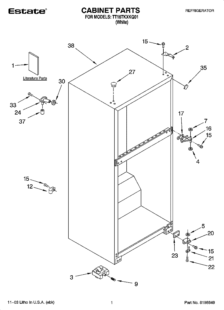 CABINET PARTS Diagram and Parts List for TT16TKXKQ01  Estate Refrigerator