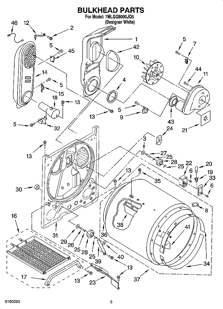 BULKHEAD PARTS Diagram and Parts List for 7MLGQ8000JQ5  Whirlpool Dryer