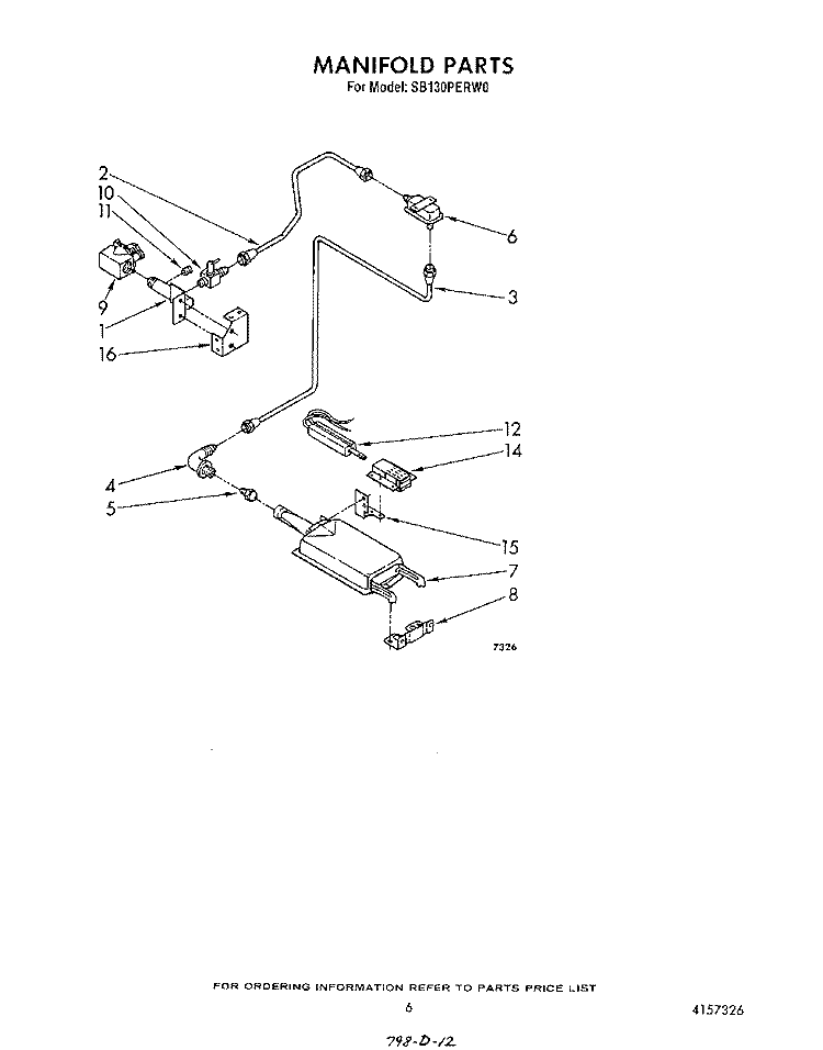 MANIFOLD Diagram and Parts List for SB130PERW0  Whirlpool Range