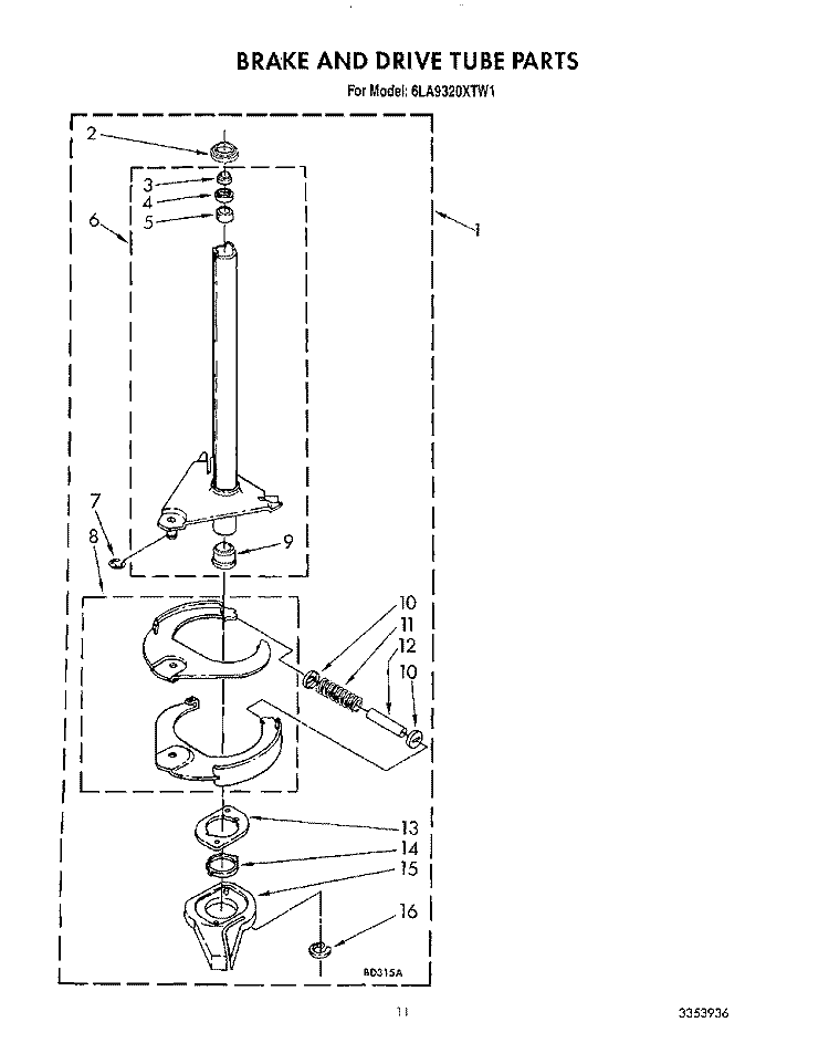 BRAKE AND DRIVE TUBE Diagram and Parts List for 6LA9320XTW1  Whirlpool Washer
