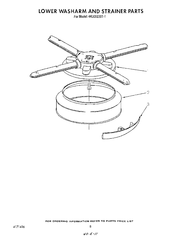 LOWER WASHARM AND STRAINER Diagram and Parts List for 4KUDI220T1  KitchenAid Dishwasher