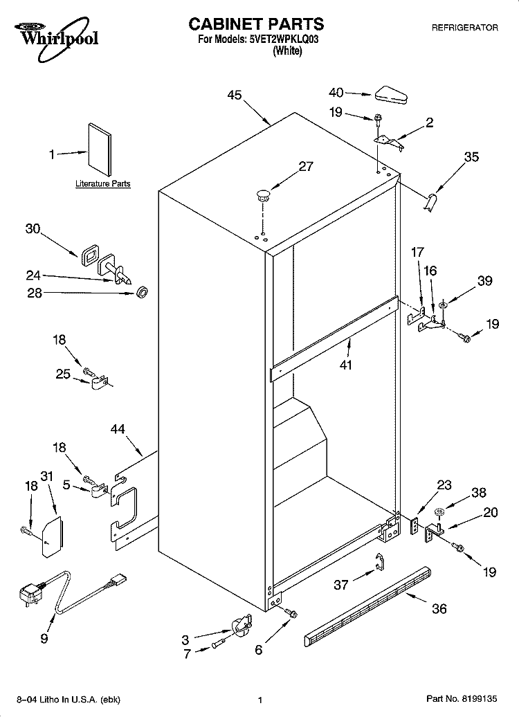 CABINET PARTS Diagram and Parts List for 5VET2WPKLQ03  Whirlpool Refrigerator