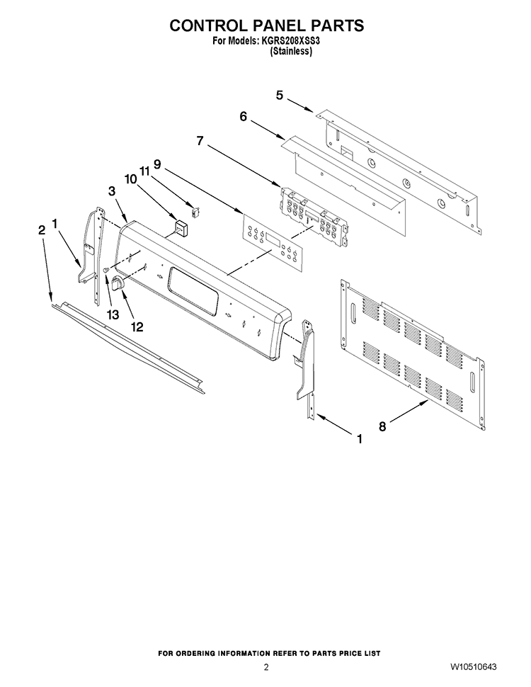 CONTROL PANEL PARTS Diagram and Parts List for KGRS208XSS3  KitchenAid Range